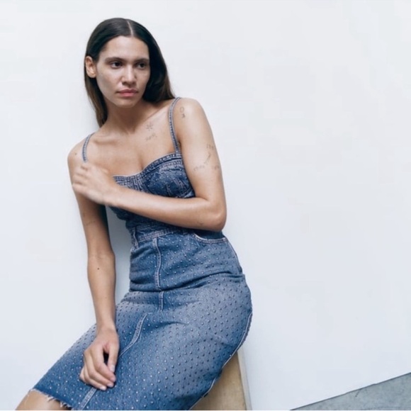Zara denim bodice studded midi dress USA small - Picture 2 of 12